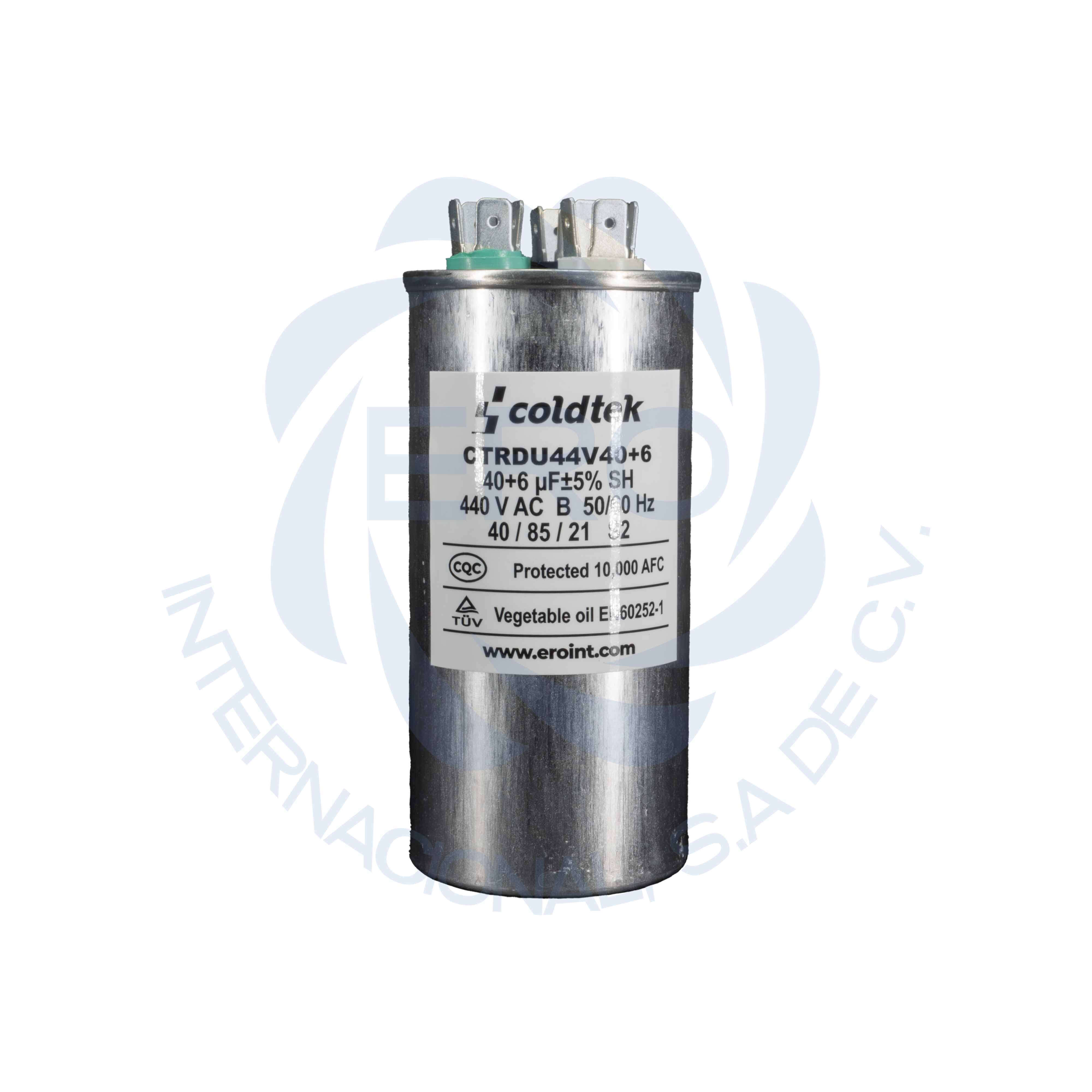 CTRDU44V40+6-2 Capacitor de trabajo duales de aluminio para refrigeración 40uF + 6uF - Imagen 1