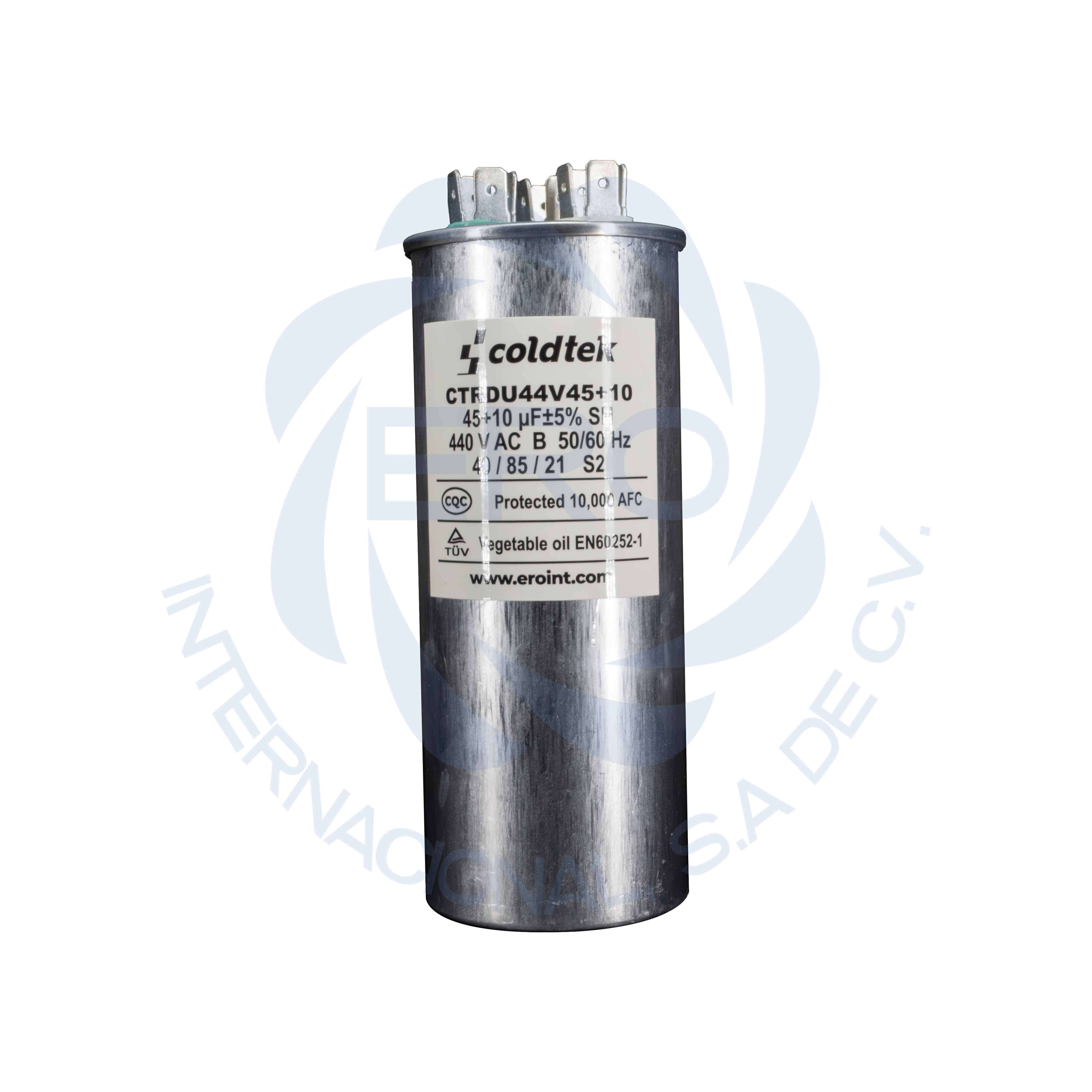 CTRDU44V45+10-2 Capacitor de trabajo duales de aluminio para refrigeración 45uF + 10uF - Imagen 1