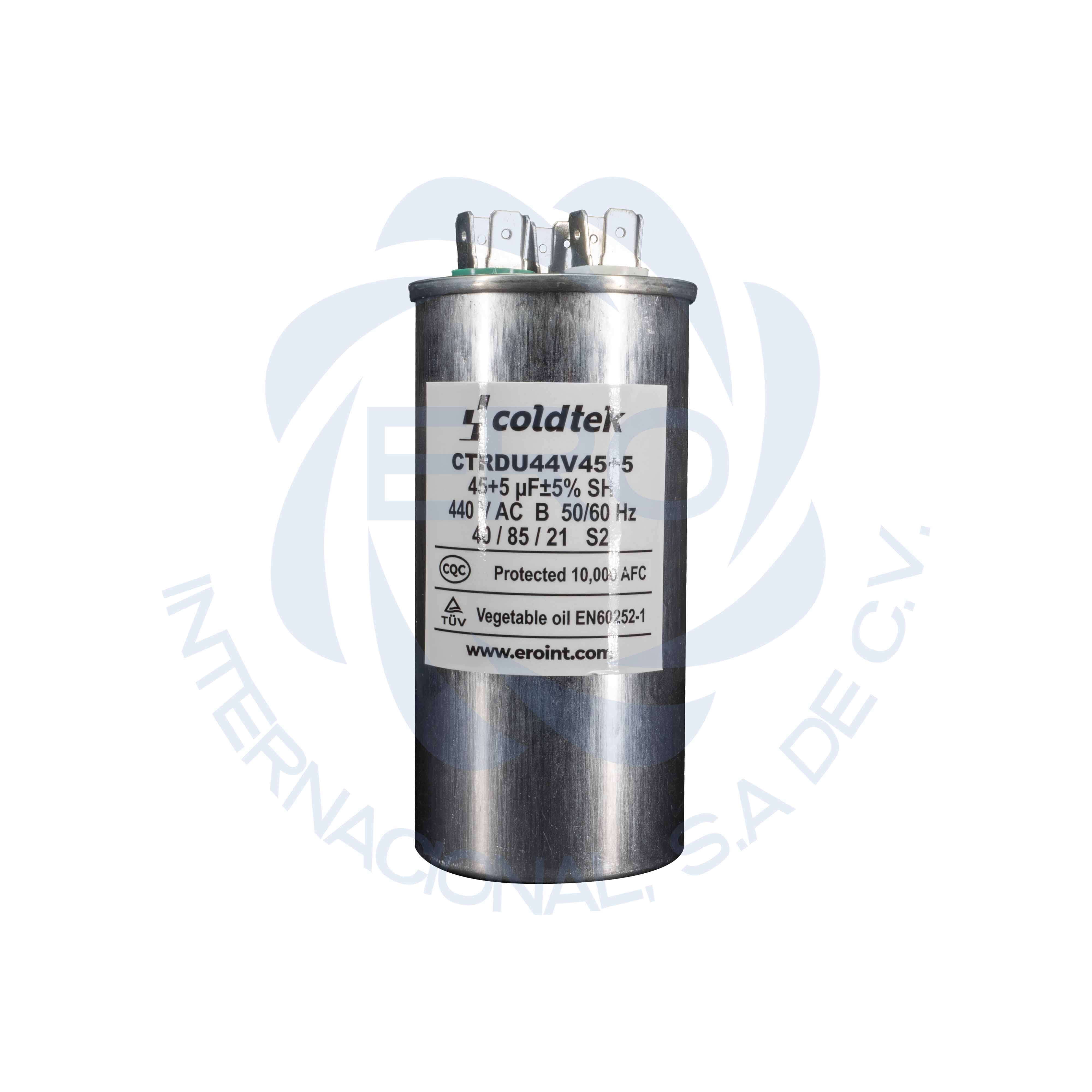 CTRDU44V45+5-2 Capacitor de trabajo duales de aluminio para refrigeración 45uF + 5uF - Imagen 1