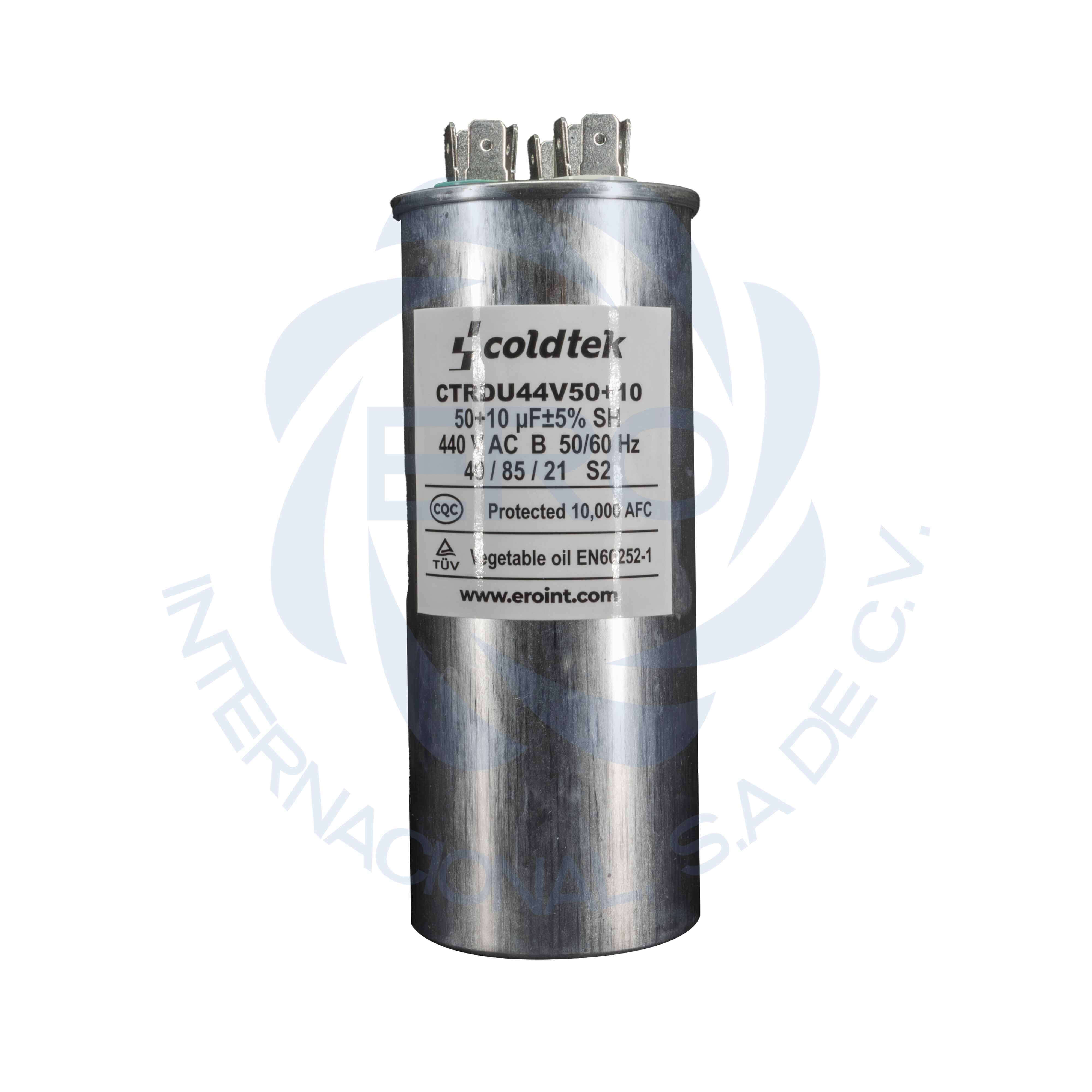 CTRDU44V50+10-2 Capacitor de trabajo duales de aluminio para refrigeración 50uF + 10uF - Imagen 1