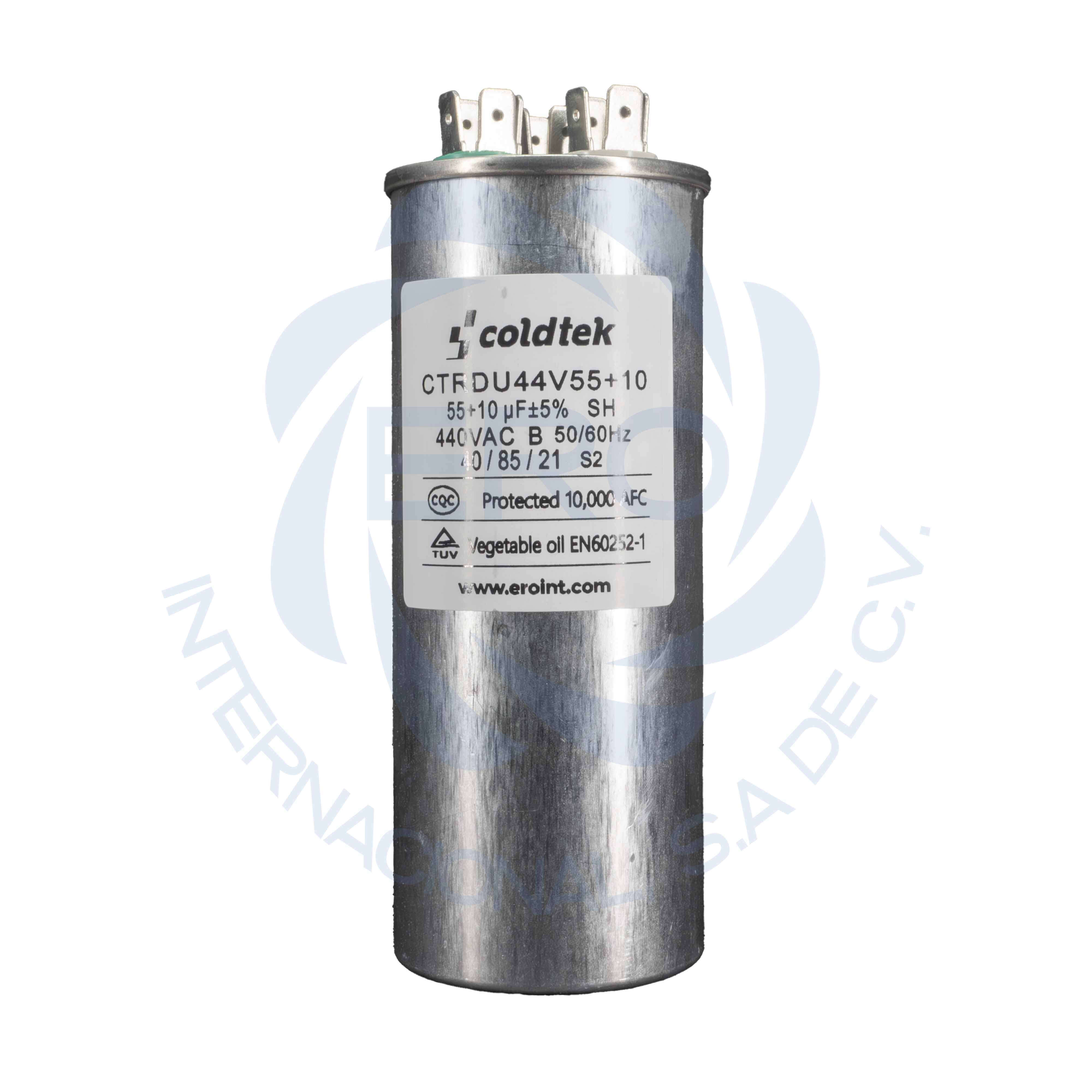 CTRDU44V55+10-2 Capacitor de trabajo duales de aluminio para refrigeración 55uF + 10uF - Imagen 1