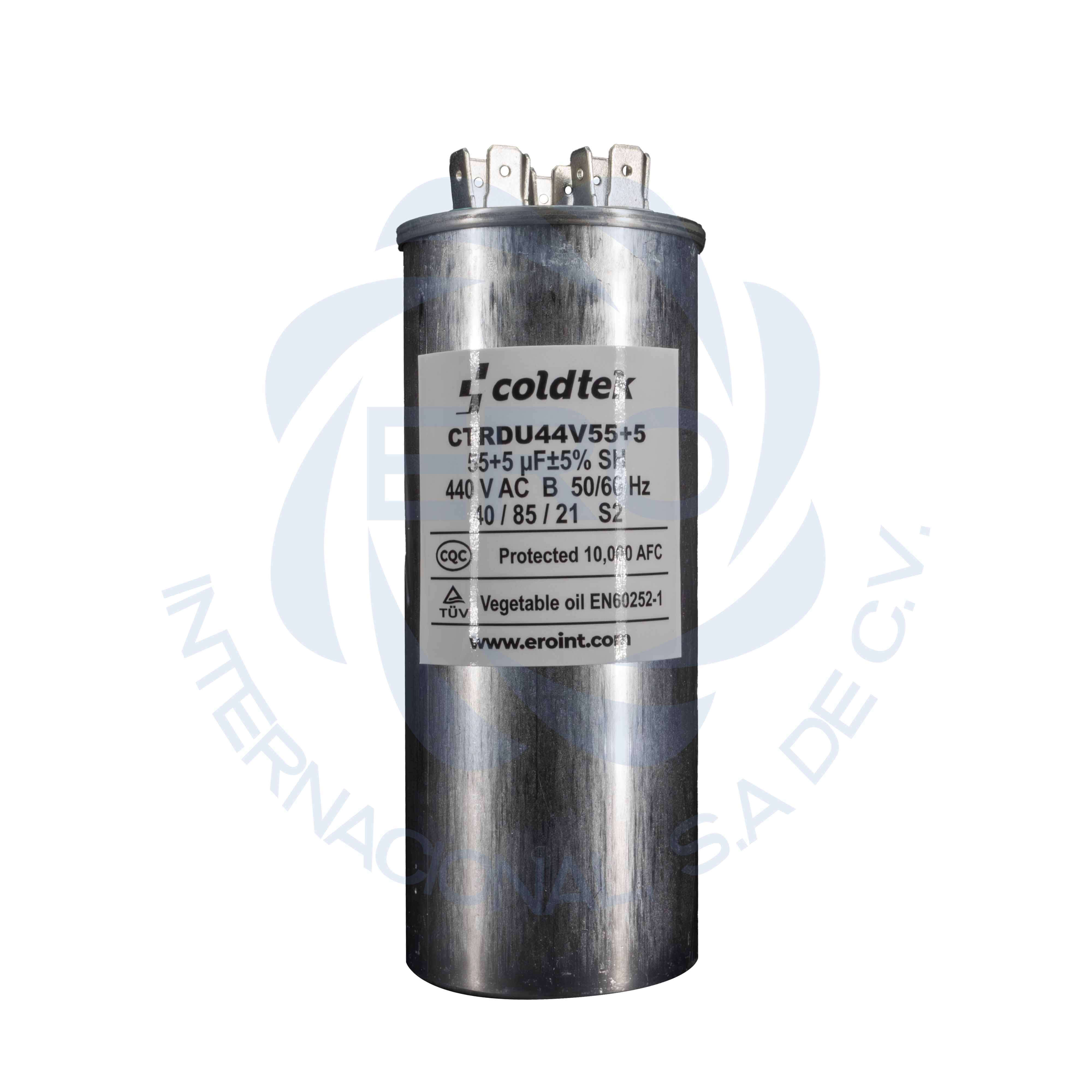 CTRDU44V55+5-2 Capacitor de trabajo duales de aluminio para refrigeración 55uF + 5uF - Imagen 1
