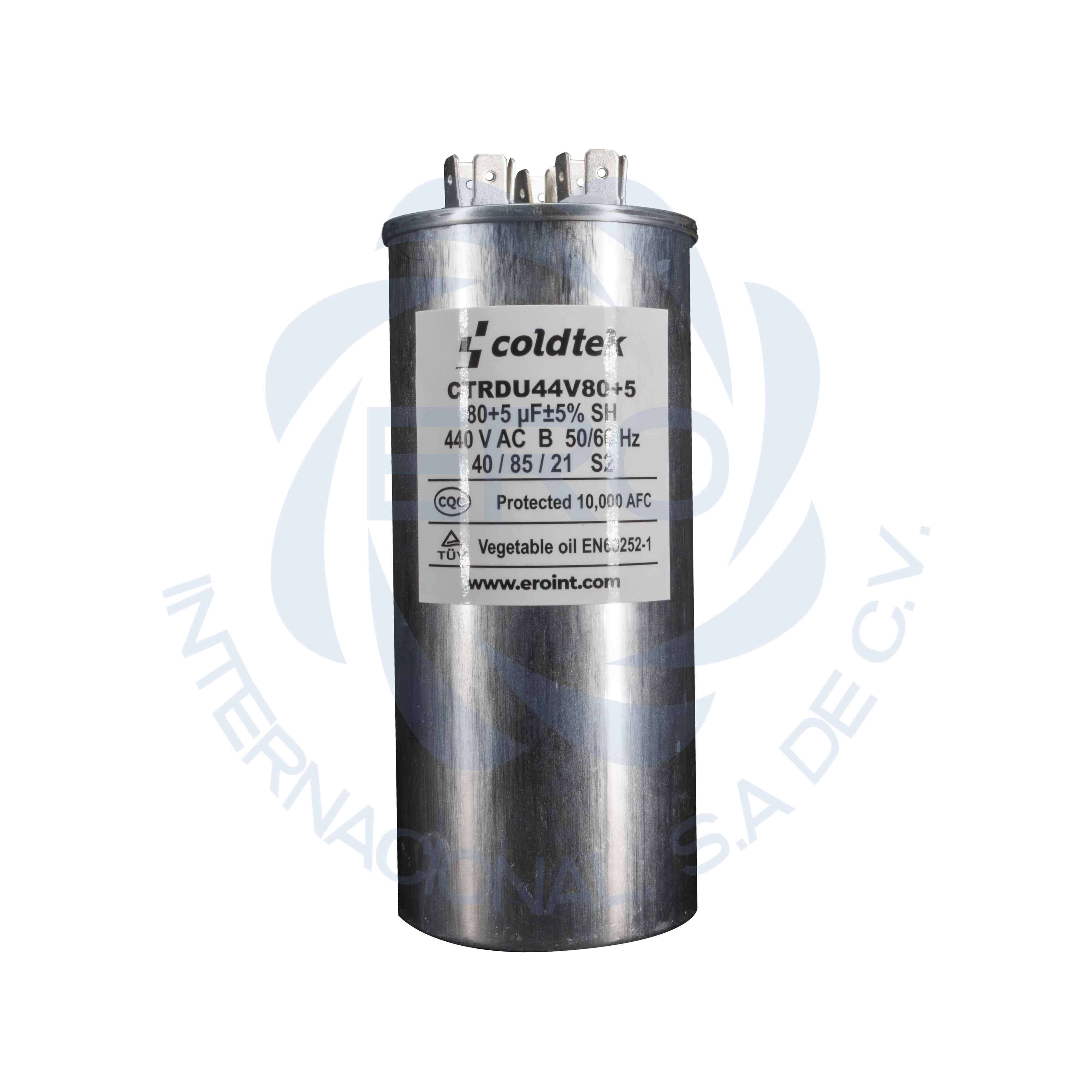 CTRDU44V80+5 Capacitor de trabajo duales de aluminio para refrigeración 80uF + 5uF - Imagen 1