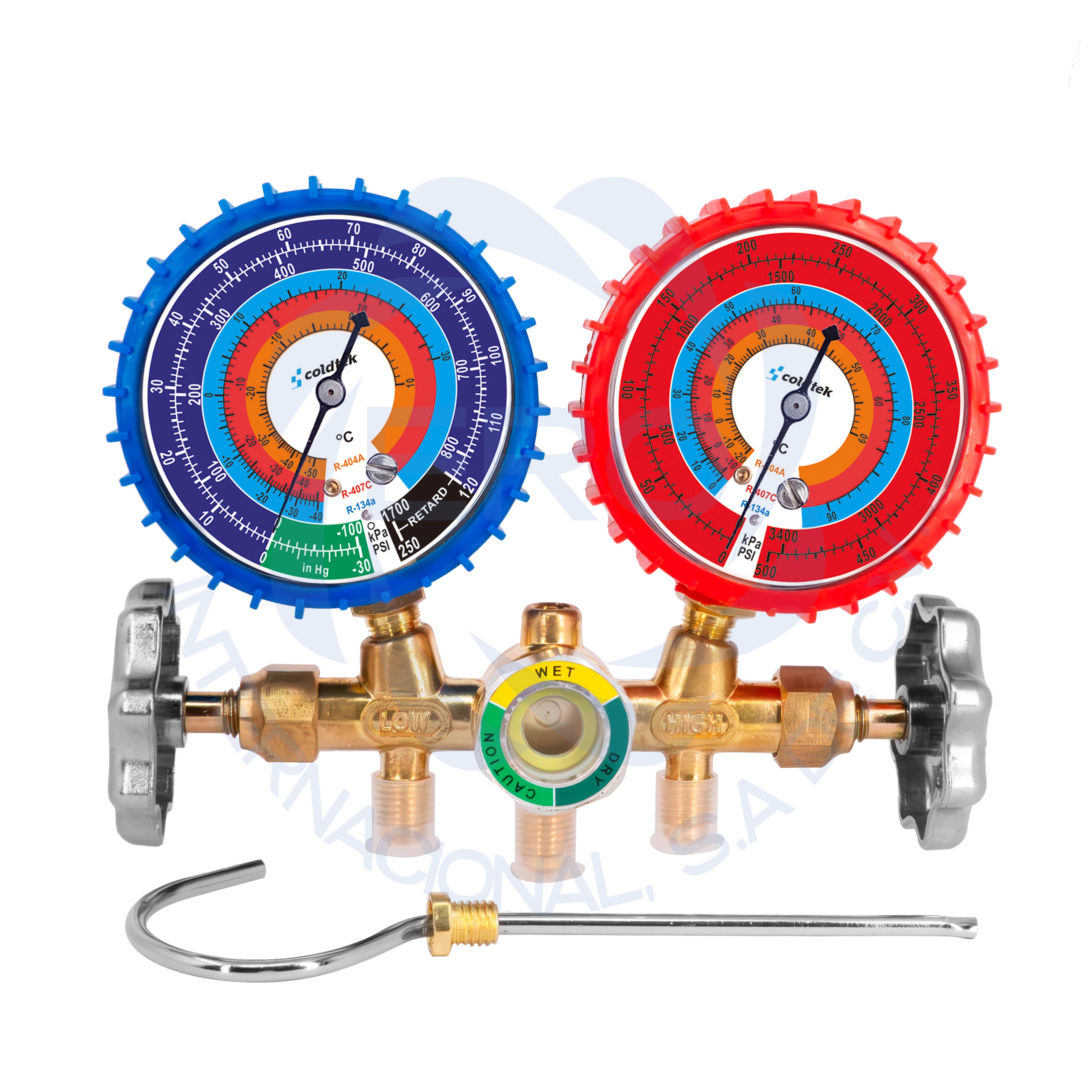 MFREHA001-Nuevos Manifold con antivibración y protección en manómetros para gas refrigerante gas R134a / R404 / R22 largo 60" - Imagen 1