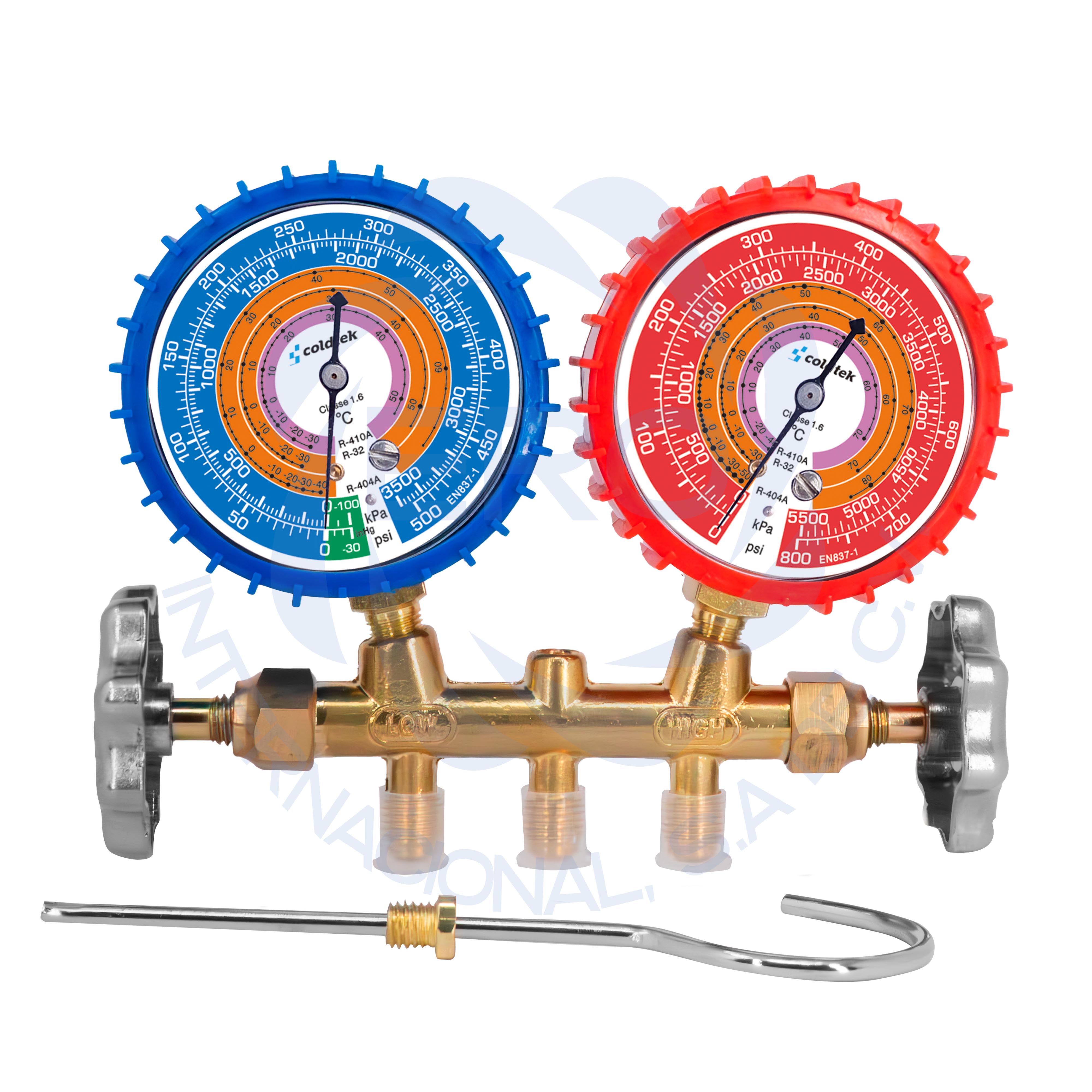 MFREHA003-Nuevos Manifold con antivibración y protección en manómetros para gas refrigerante gas R410a / R404 / R22 largo 36" - Imagen 1