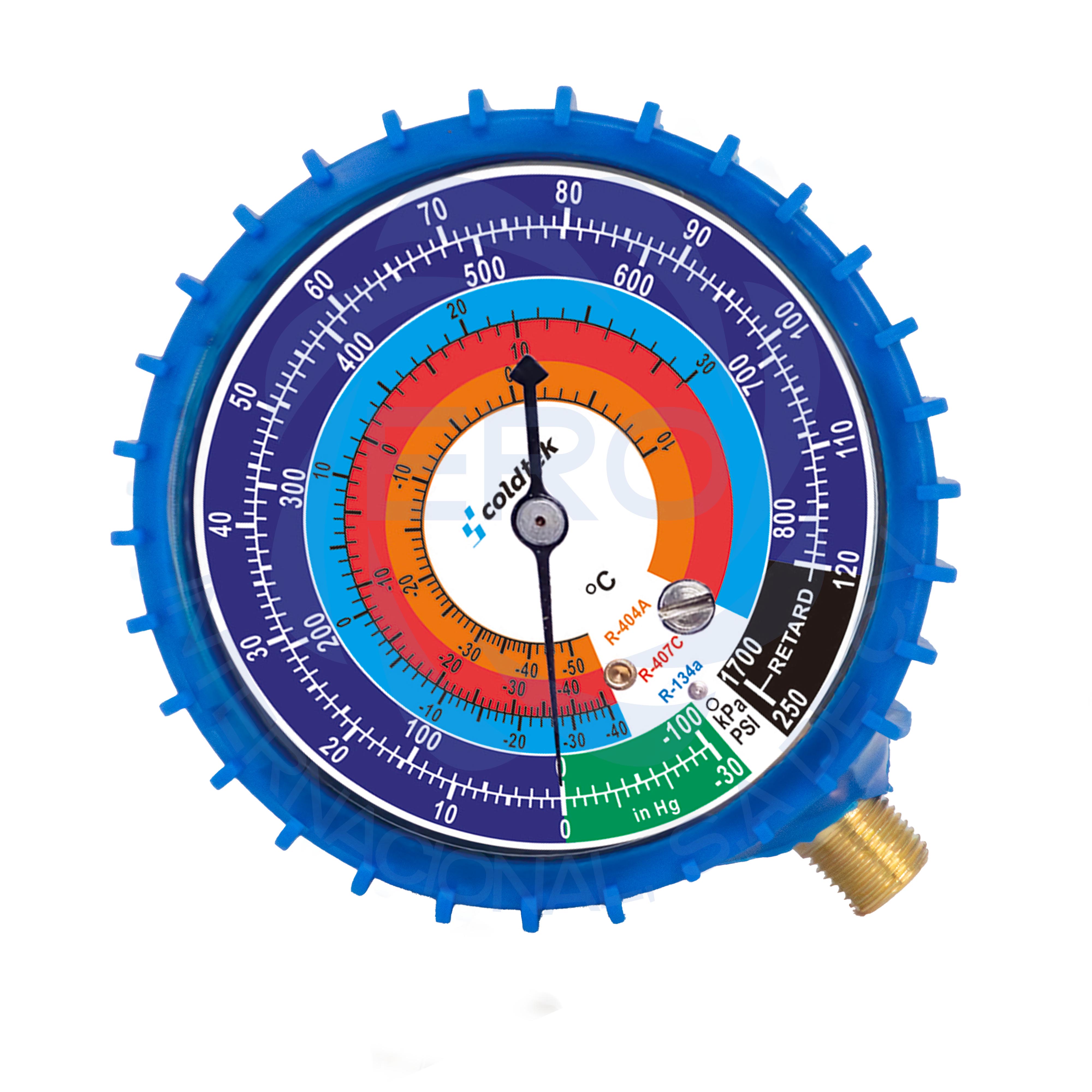 MMREHA002-002 Manómetro con antivibración y protección para gas refrigerante gas R134a / R404 / R22 presión baja - Imagen 1